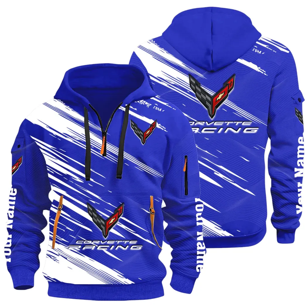V8 Power Hoodie Half Zip 3D, Adventure-Ready Comfortable Hoodie CAR514 - Blue