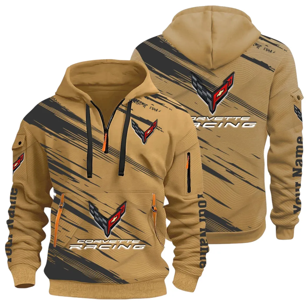 V8 Power Hoodie Half Zip 3D, Adventure-Ready Comfortable Hoodie CAR514 - Khaki