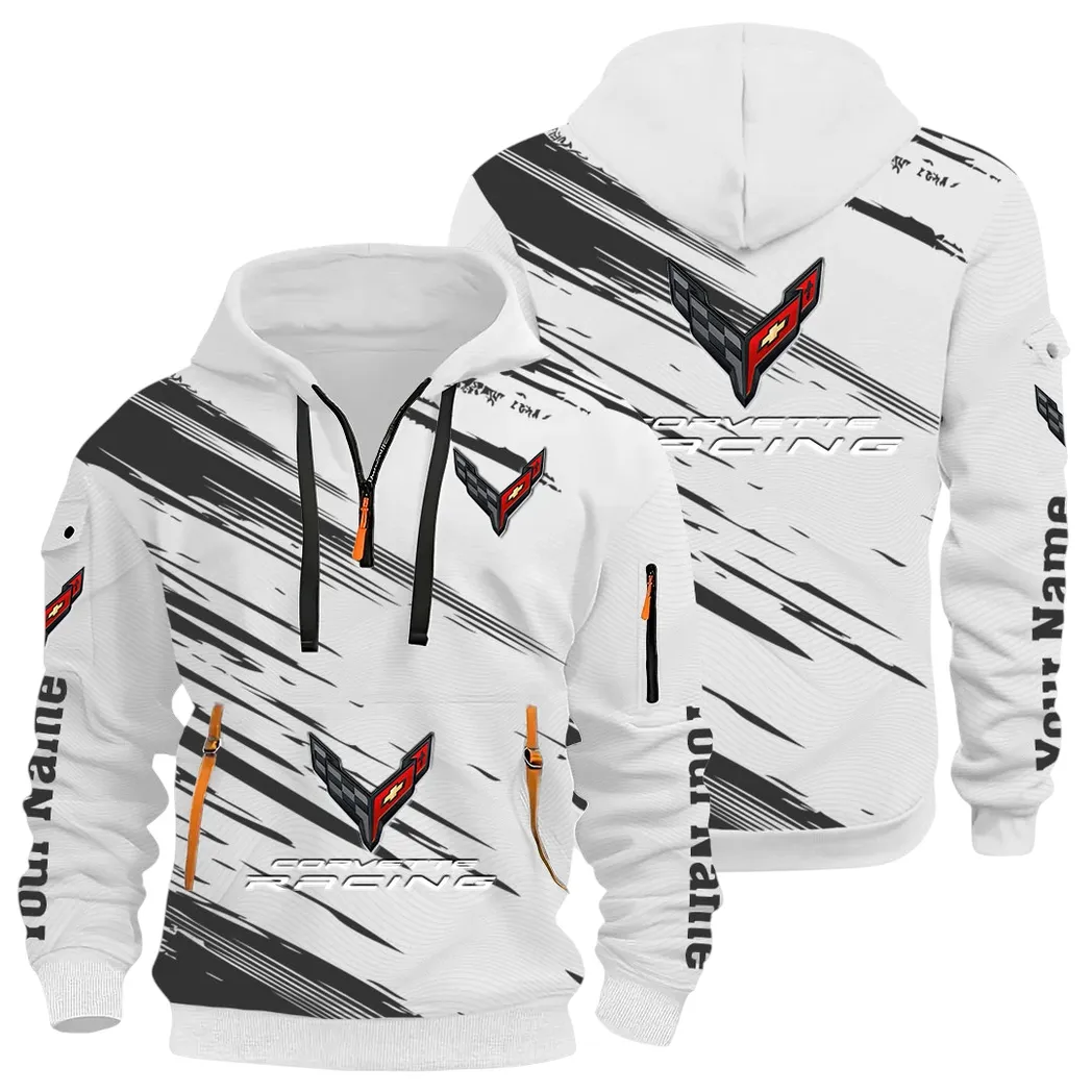 V8 Power Hoodie Half Zip 3D, Adventure-Ready Comfortable Hoodie CAR514 - White