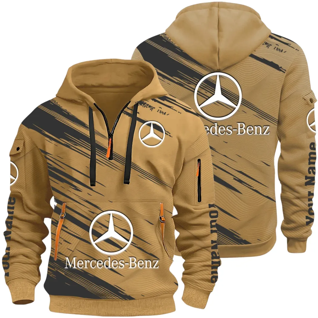 Business-Class Auto Hoodie Half Zip 3D, Adventure-Ready Streetwear CAR514 - Khaki