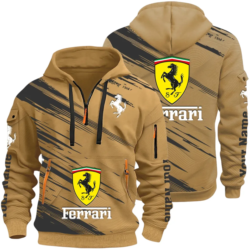 Italian Supercar Hoodie Half Zip 3D, Rugged Casual Fit Hoodie CAR514 - Khaki