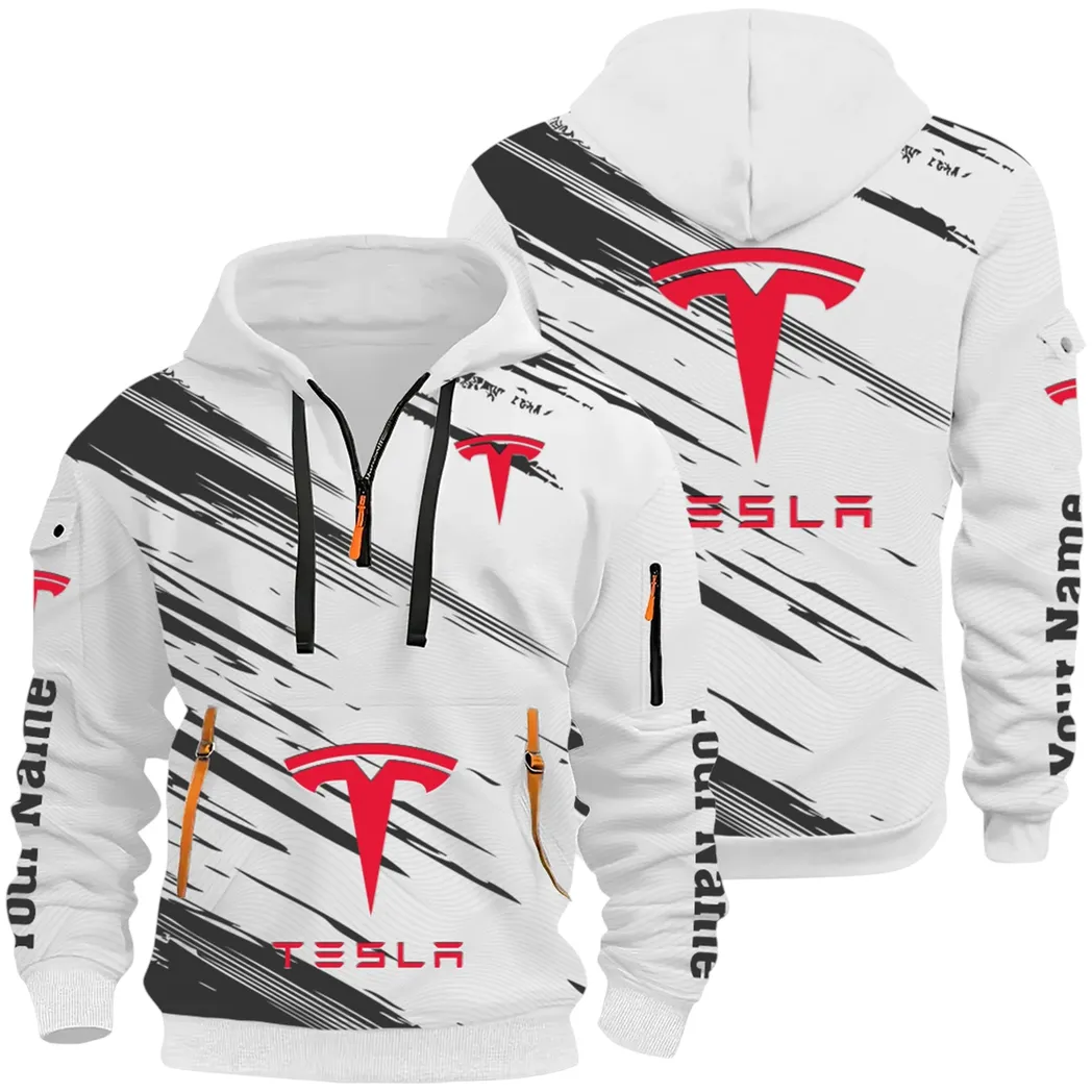 High-Tech Auto Hoodie Half Zip 3D, Rugged Casual Fit Hoodie CAR514 - White
