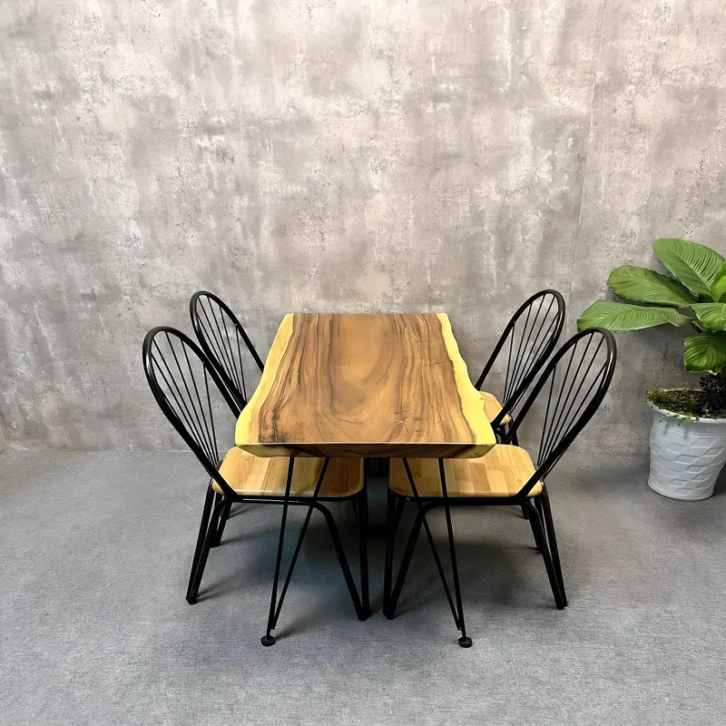 Solid Wood Dining Table Metal Leg Base Contemporary Design