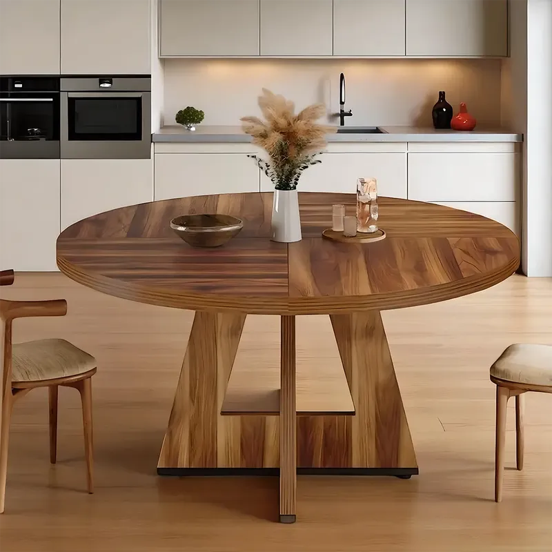Round Wood Dining Table T Pedestal Base Elegant Modern